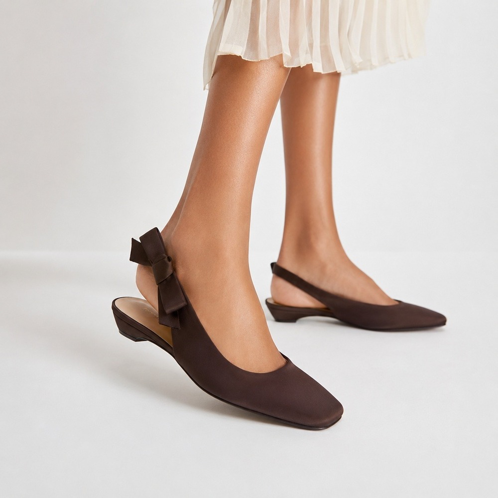 NEW Tuckernuck Shoes Olivia Slingback Flats Chocolate Brown Satin Sz 7 Bow